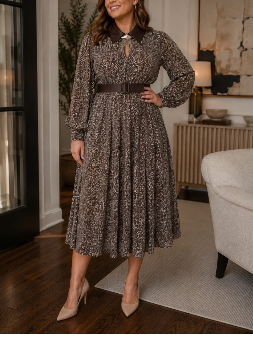 Elegant Brown Printed Midi Dress with Belt